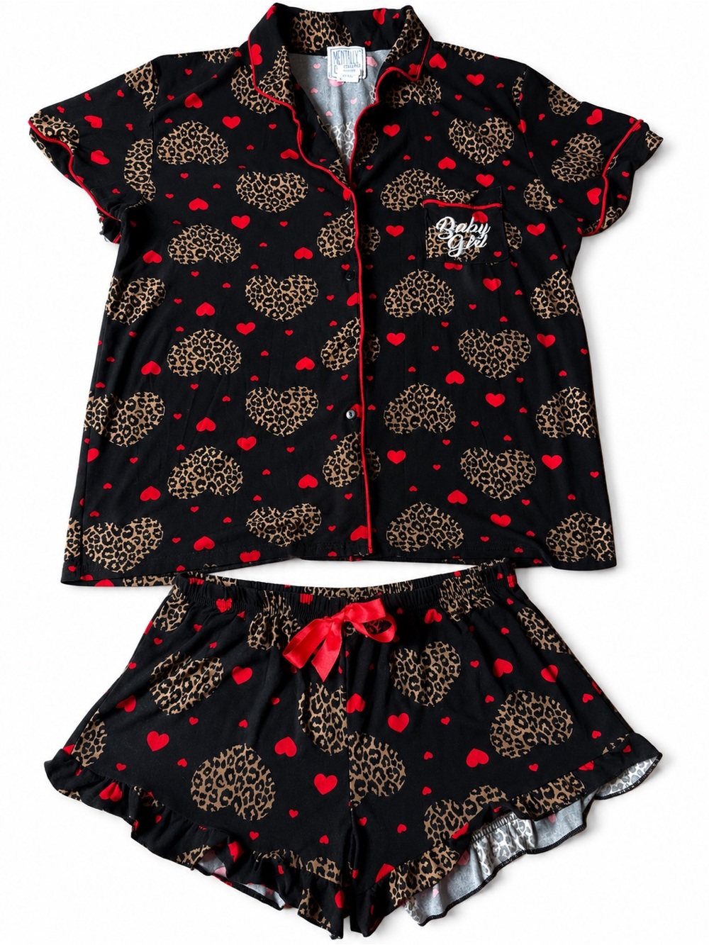 Mentally Exhausted Women’s Pajama Set. Leopard Print Button-Up with Ruffle Short